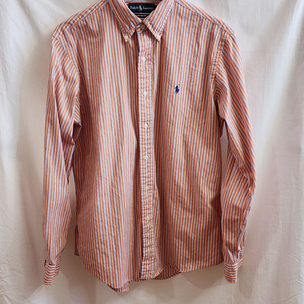 Ralph Lauren Orange Long Sleeve Cotton Button Down Blue & white Stripe Pony Lg